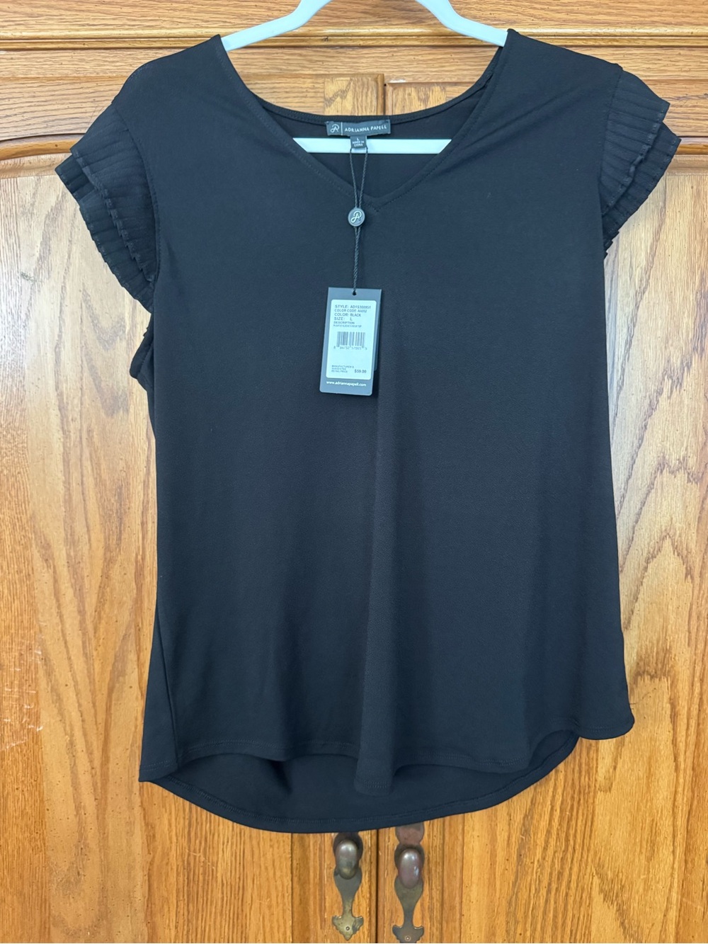 Black Pleated Sleeve V-Neck Top
